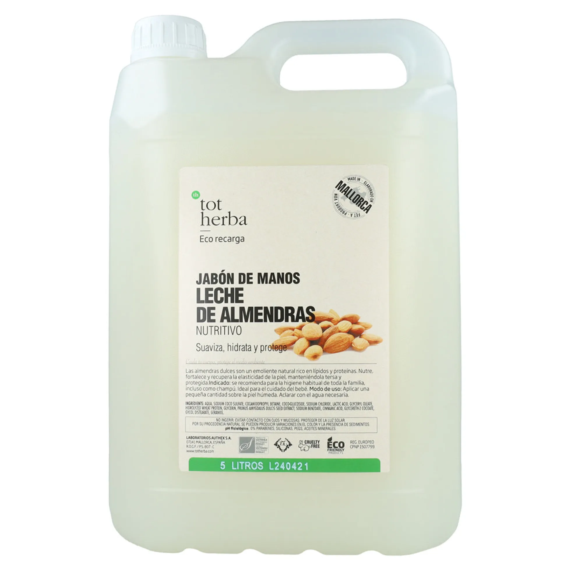 Jabón de manos leche de almendras, 5 litros, Tot Herba