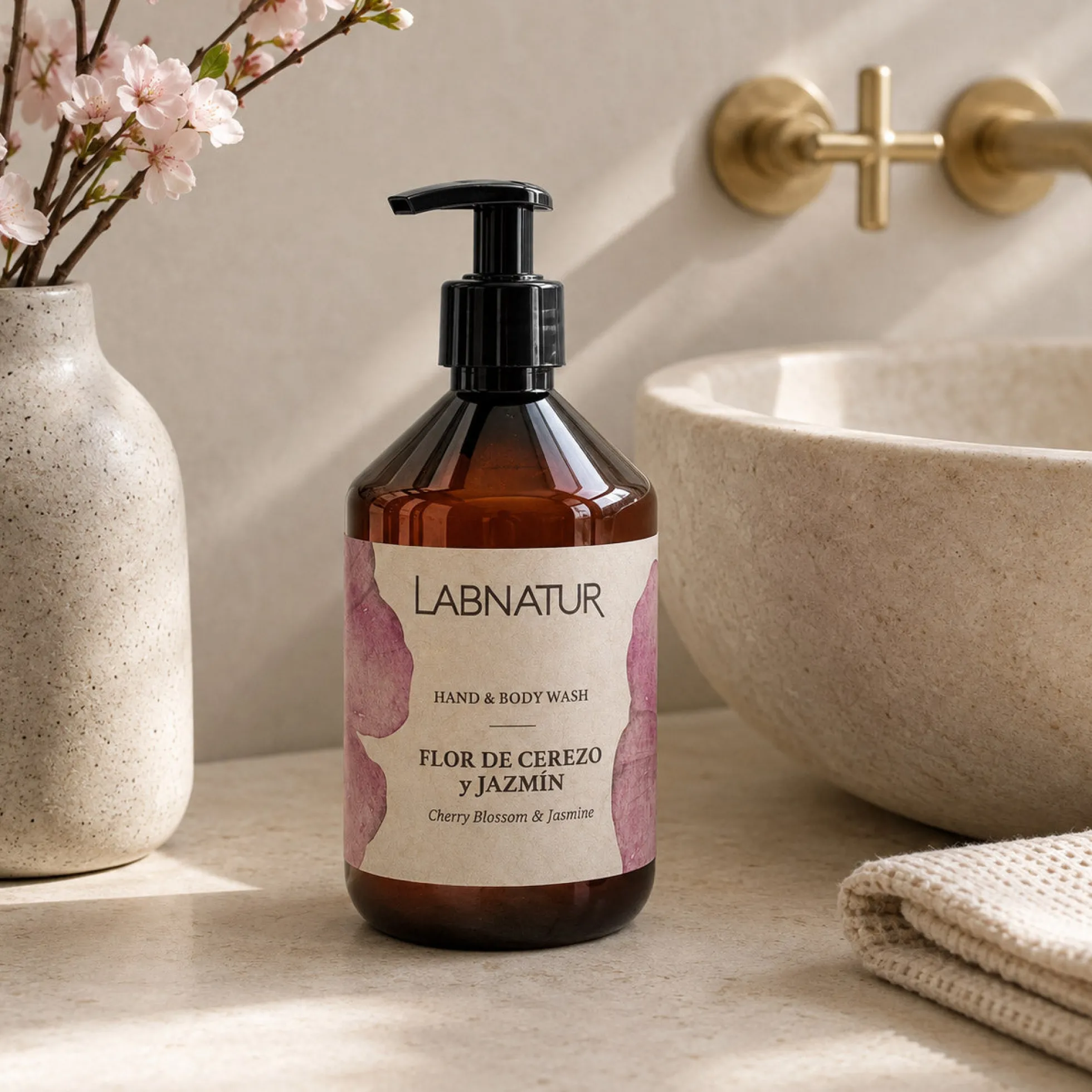 Jabón Manos y Cuerpo Flor de Cerezo y Jazmín Labnatur 500 ml | Aroma Floral y Dulce | Limpieza Suave | Vegano