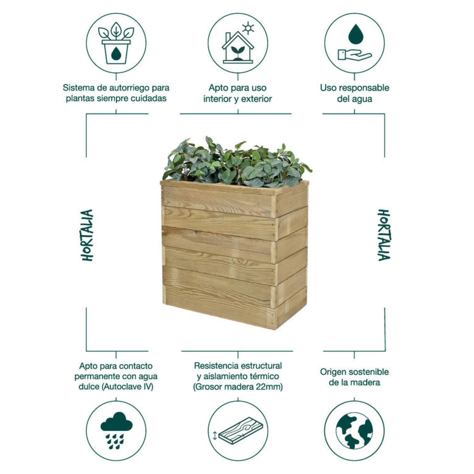 Jardinera De Madera Con Autorriego 60x34x60 Cm Nidum Basic Hortalia
