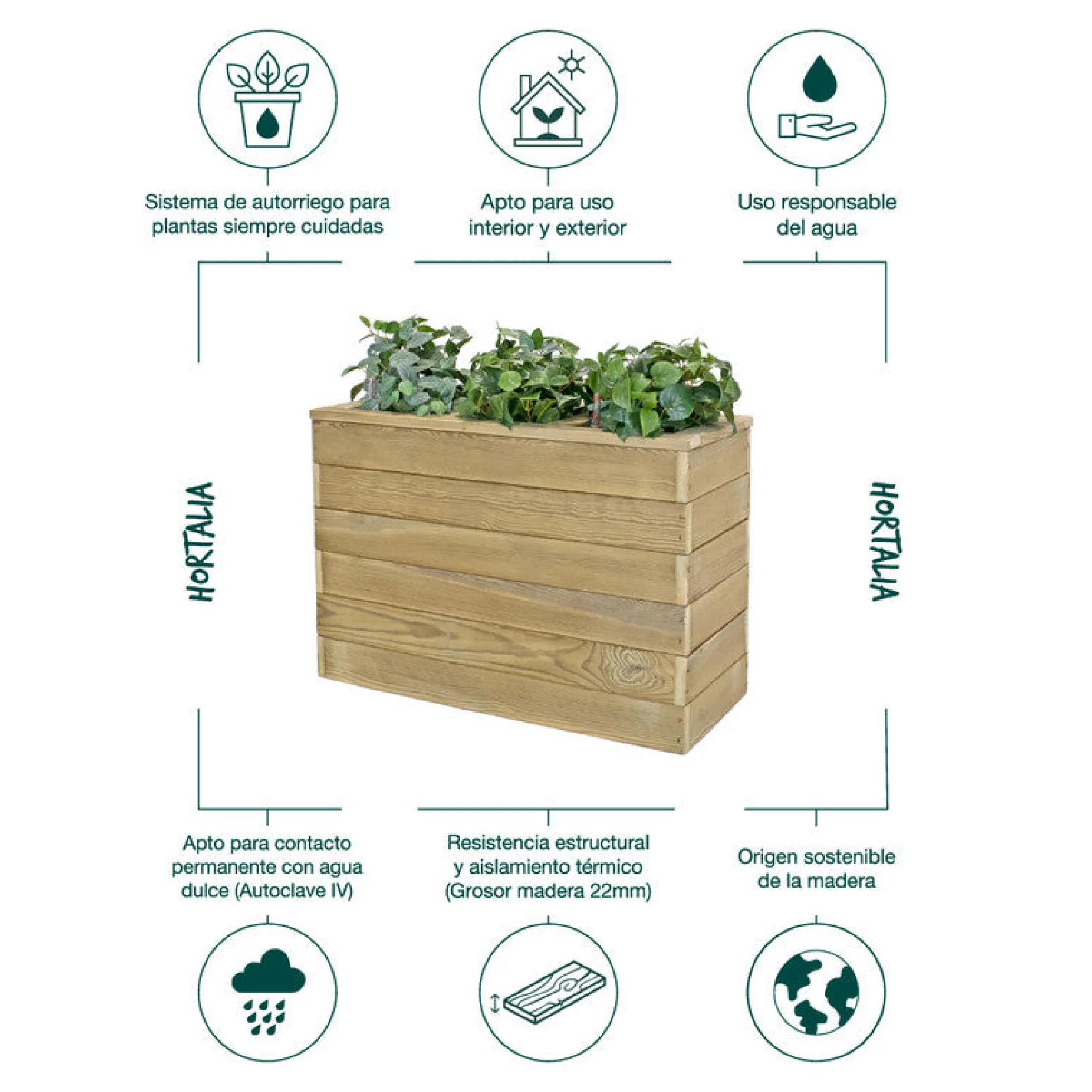 Jardinera De Madera Con Autorriego 86x34x60 Cm Nidum Basic Hortalia
