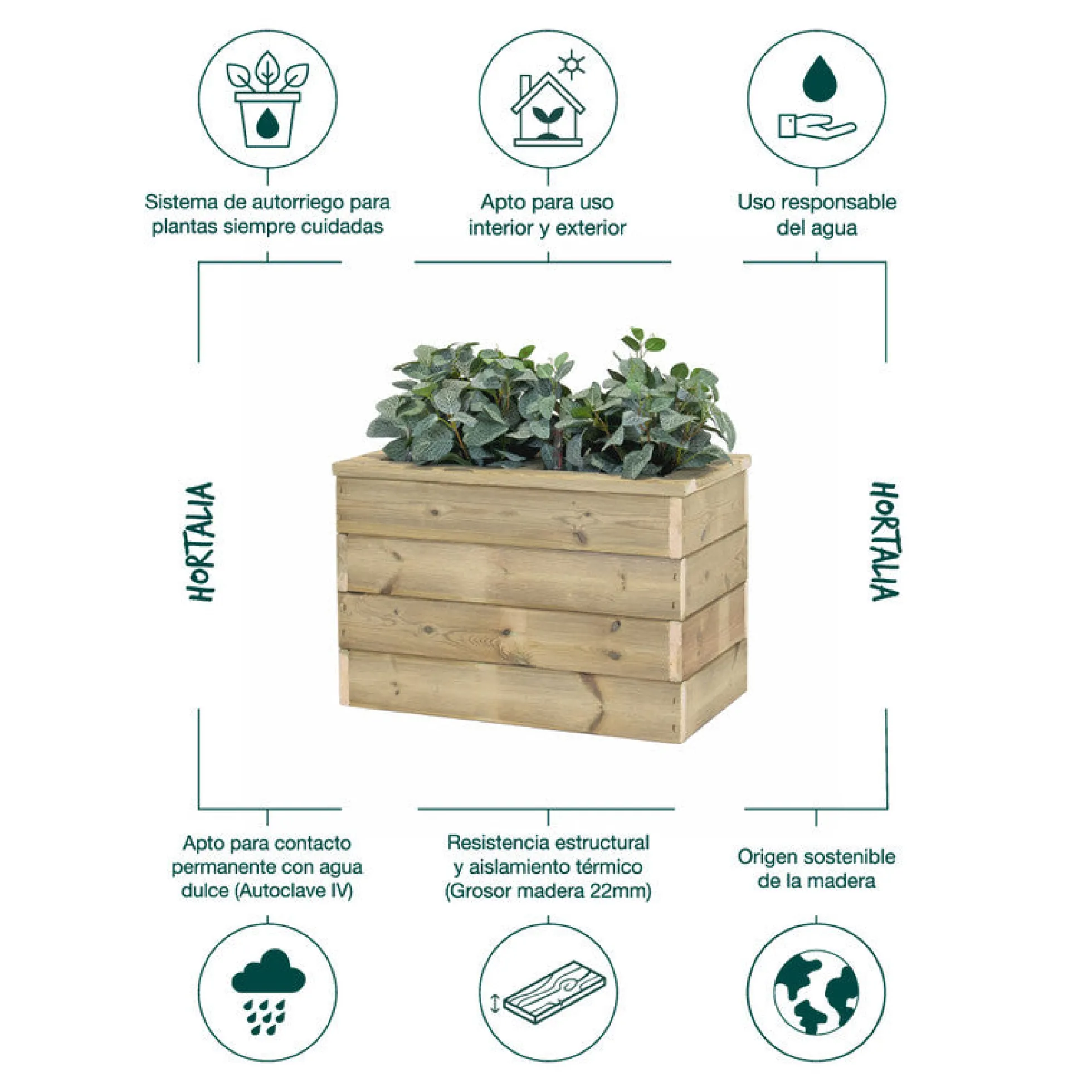 Jardinera De Madera Con Autorriego 60x34x40 Cm Nidum Basic Hortalia