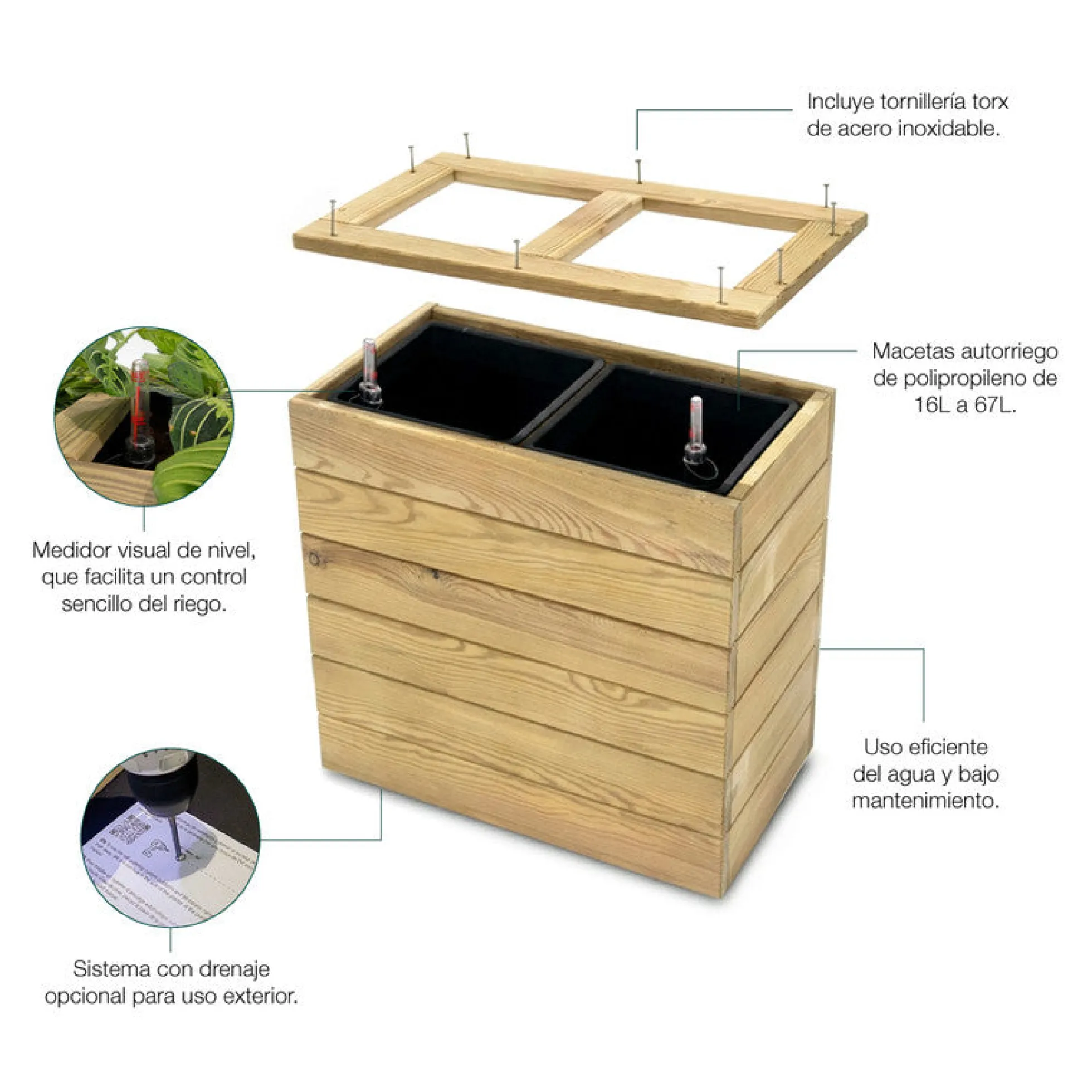 Jardinera De Madera Con Autorriego 110x40x60 Cm Nidum Basic Hortalia