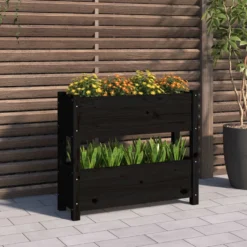 Jardinera De Madera Maciza De Pino Negro 77x25x66 Cm