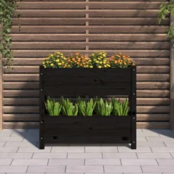 Jardinera De Madera Maciza De Pino Negro 77x25x66 Cm