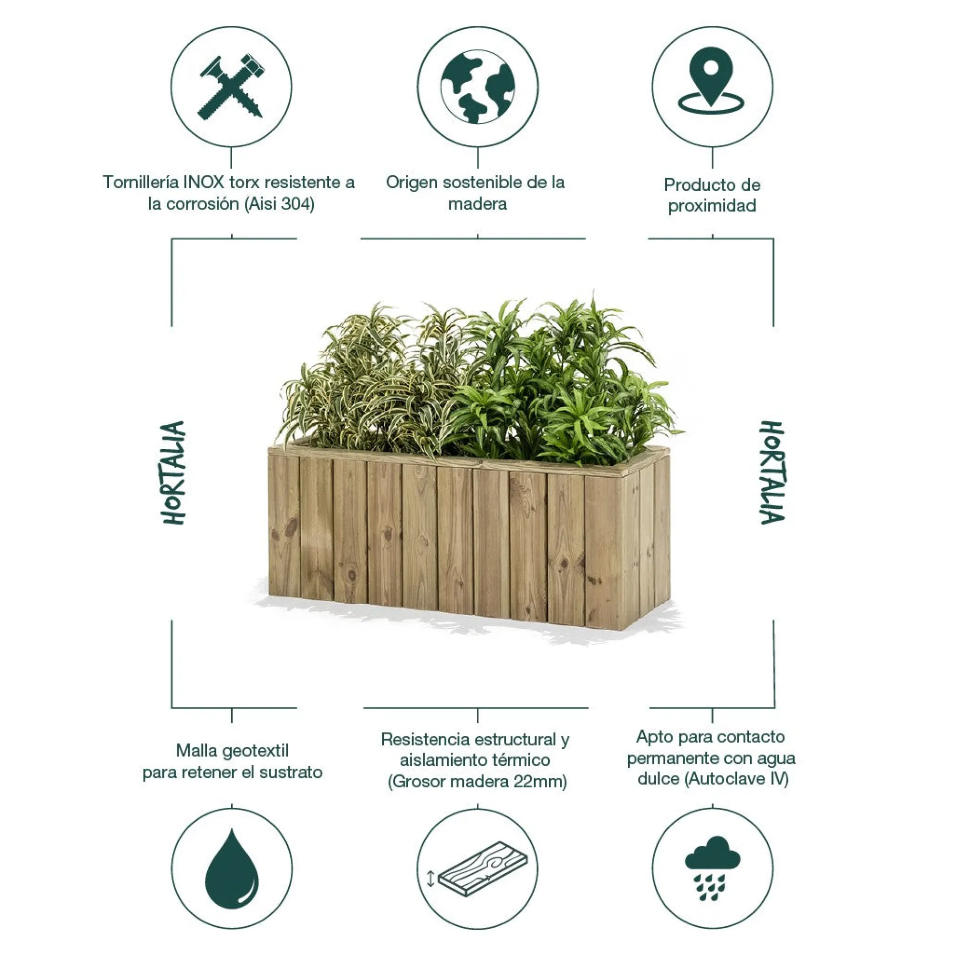 Jardinera De Madera Para Exterior 100x34x40 Cm Atrium Hortalia