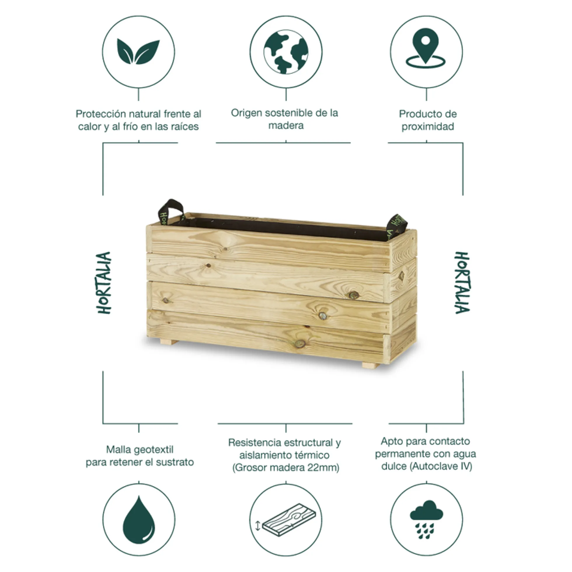 Jardinera Rectangular De Madera Tratada 80x30x40 Cm Ghio Hortalia