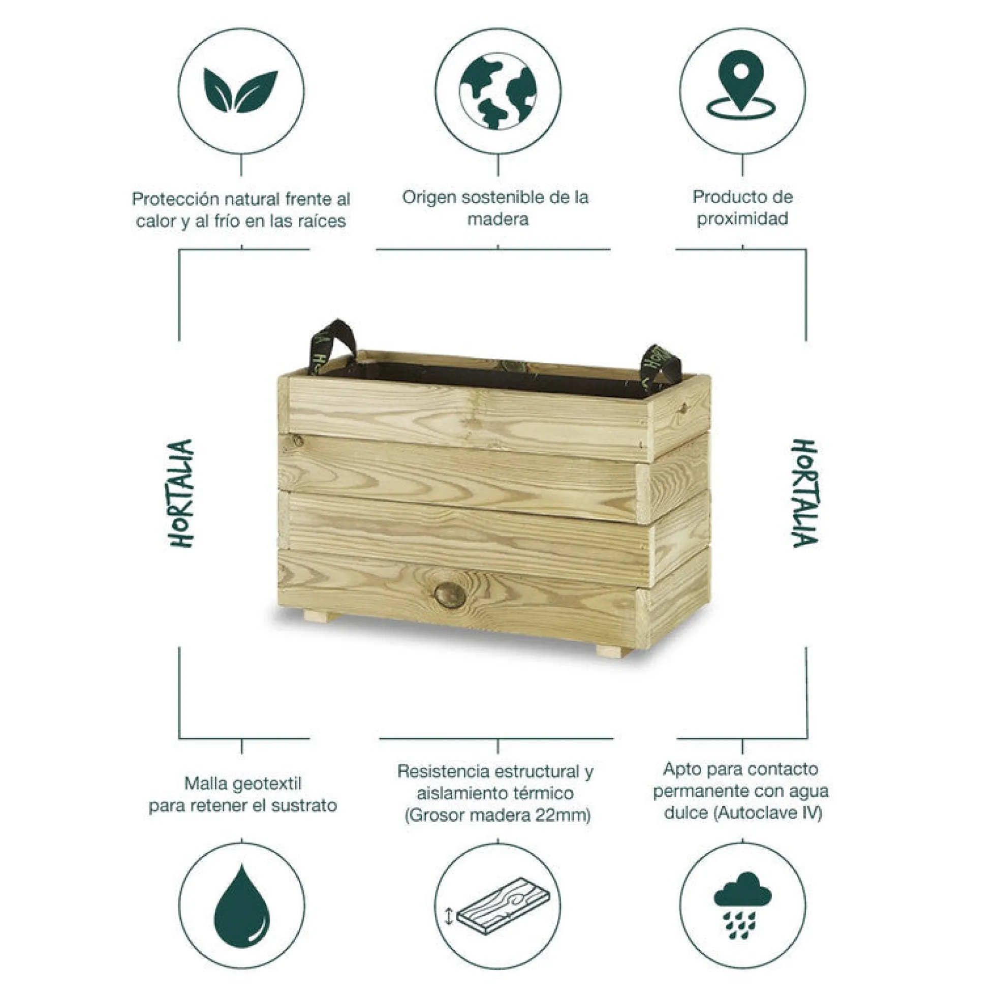 Jardinera Rectangular De Madera Tratada 60x30x40 Cm Ghio Hortalia