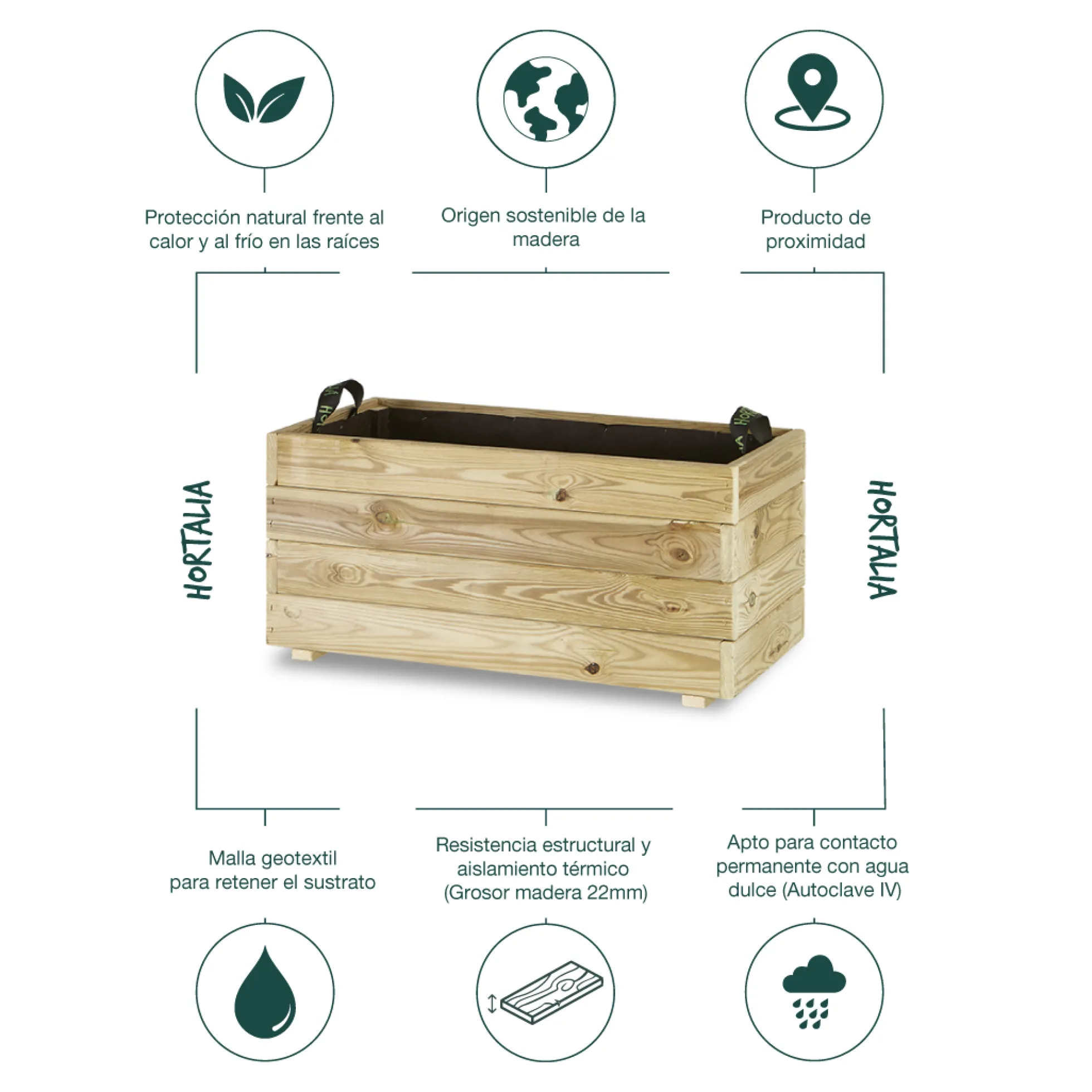 Jardinera Rectangular De Madera Tratada 80x40x40 Cm Ghio Hortalia