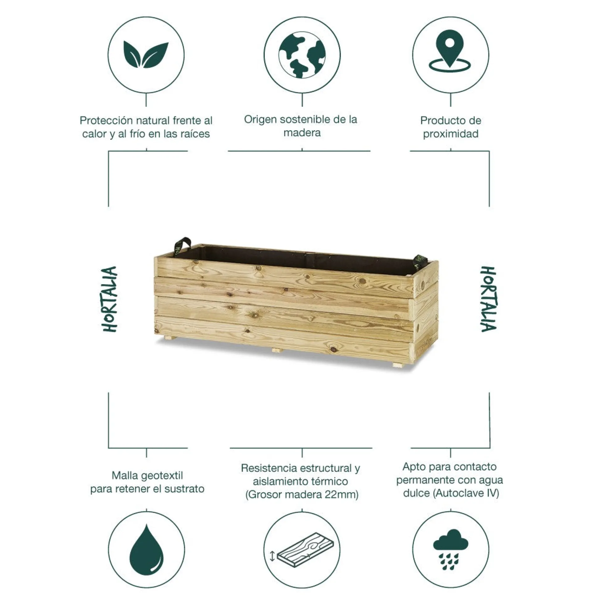 Jardinera Rectangular De Madera Tratada 120x45x40 Cm Ghio Hortalia