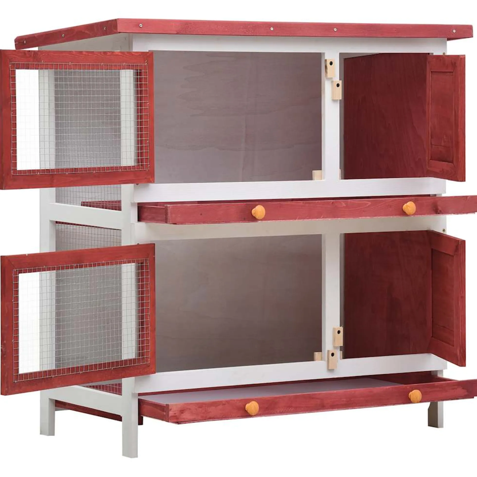 Jaula Conejera Con 4 Puertas Madera Rojo