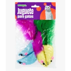 Juguete Para Gato En Pack De 4 Ratones Con Pluma En La Cola. De 6,5cm En Surtido De Colores Wuapu