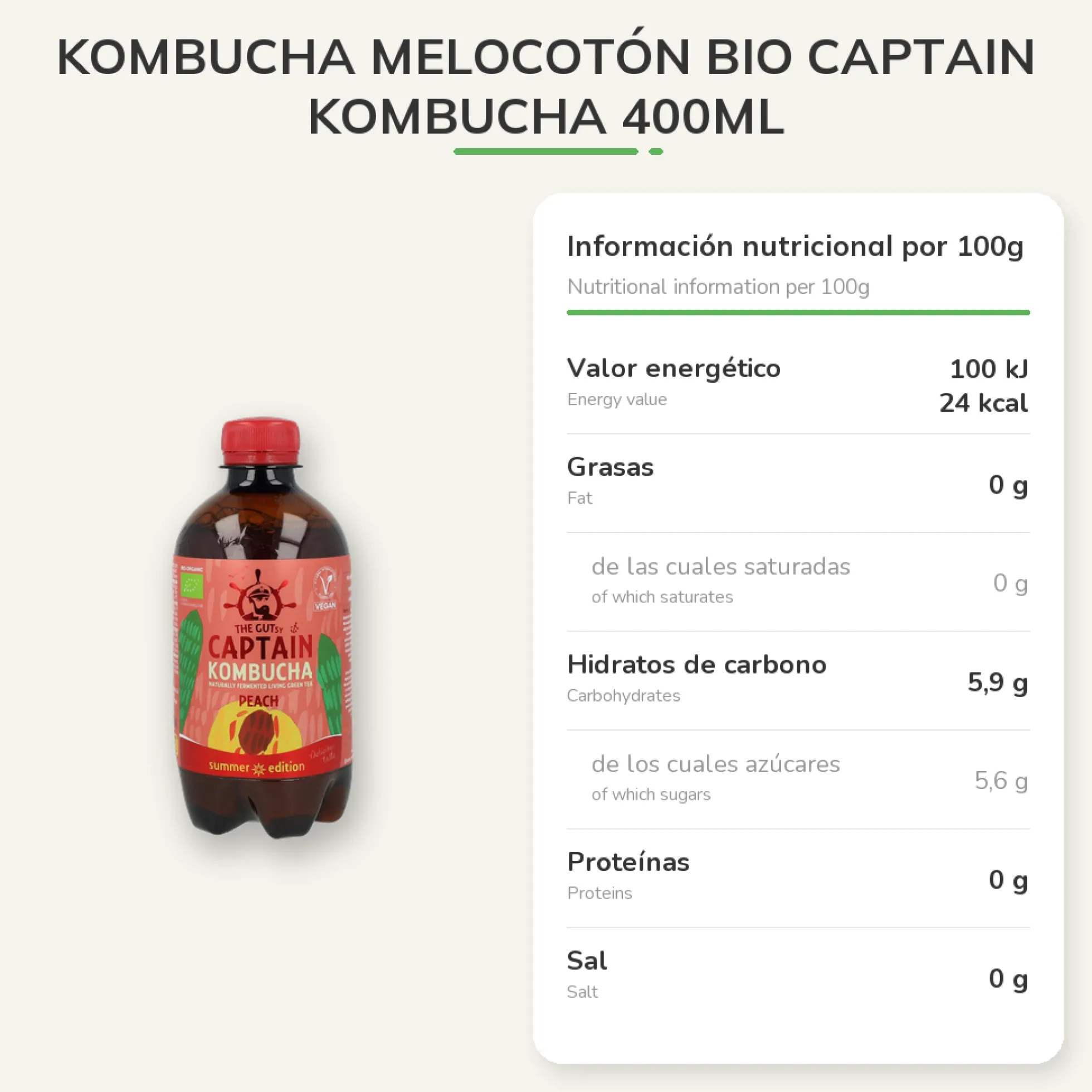 Kombucha Melocotón BIO Captain Kombucha 400ml