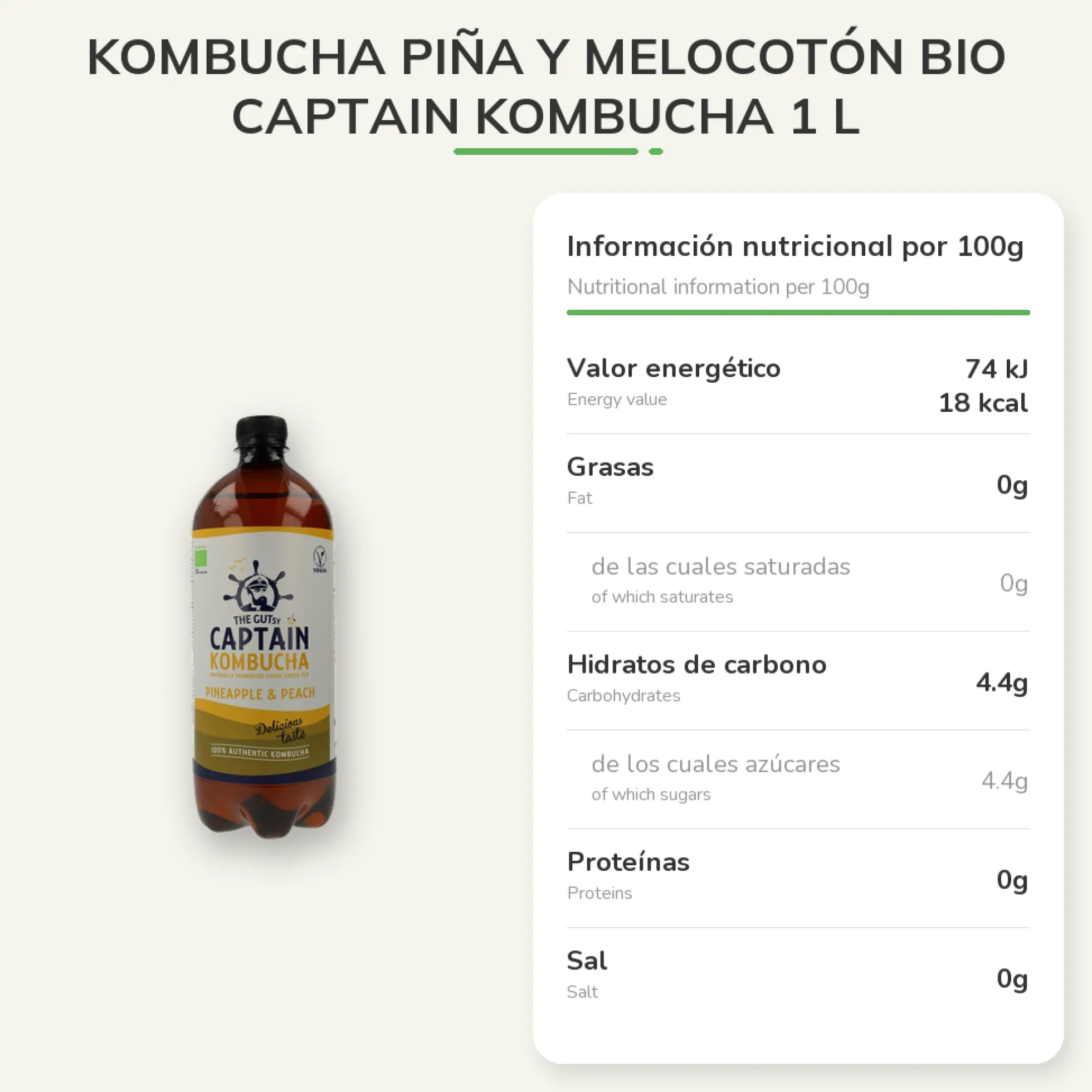 Kombucha Piña y Melocotón BIO Captain Kombucha 1 L