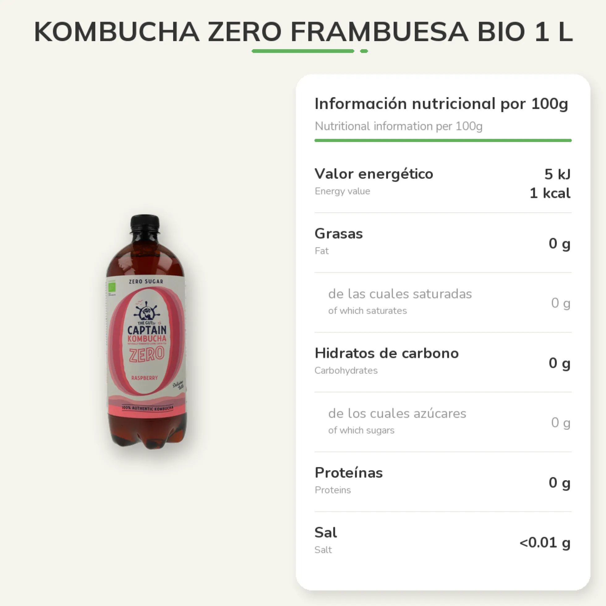 Kombucha Zero Frambuesa Bio 1 L