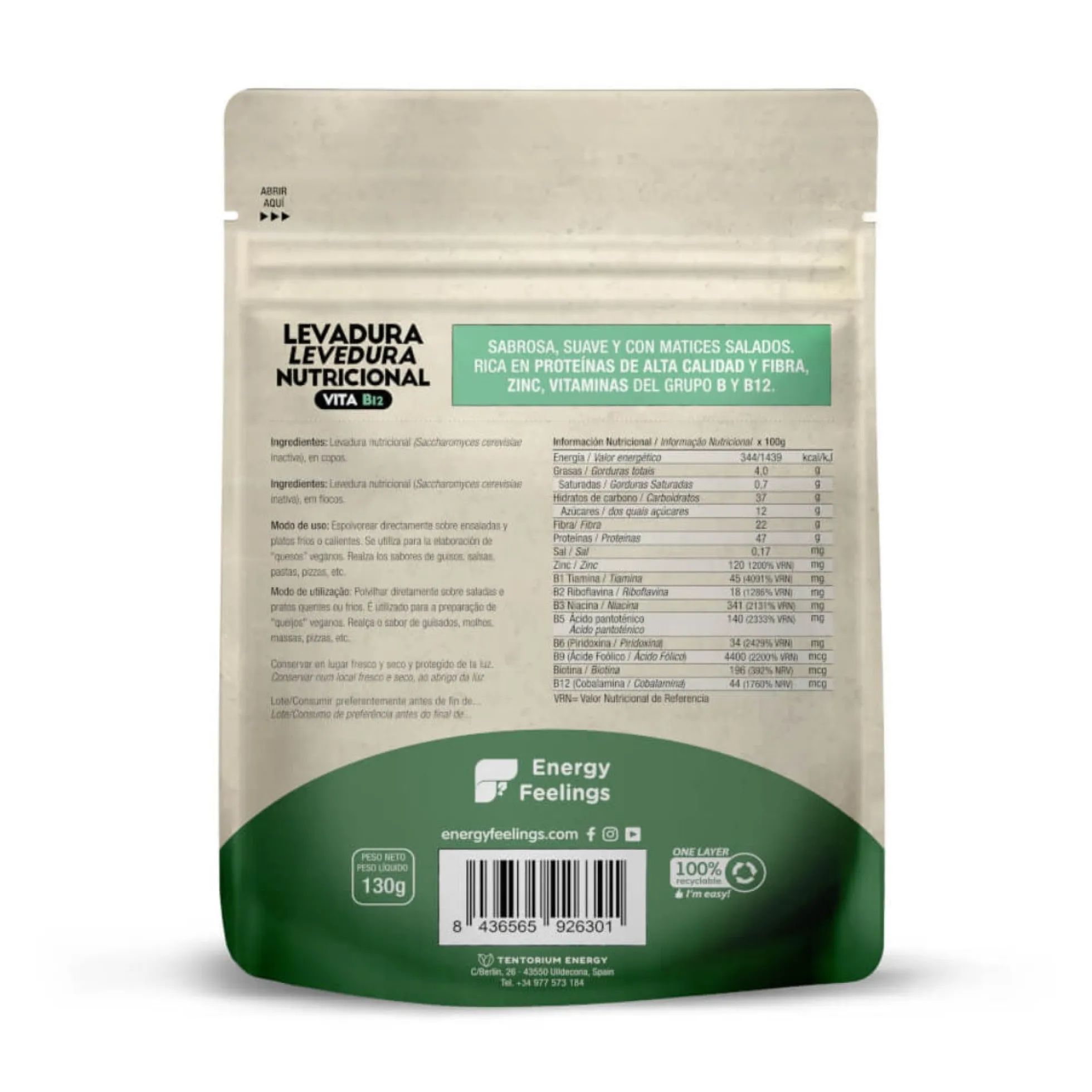 Levadura Nutricional VitaB12, Energy Feelings, Copos 130 g