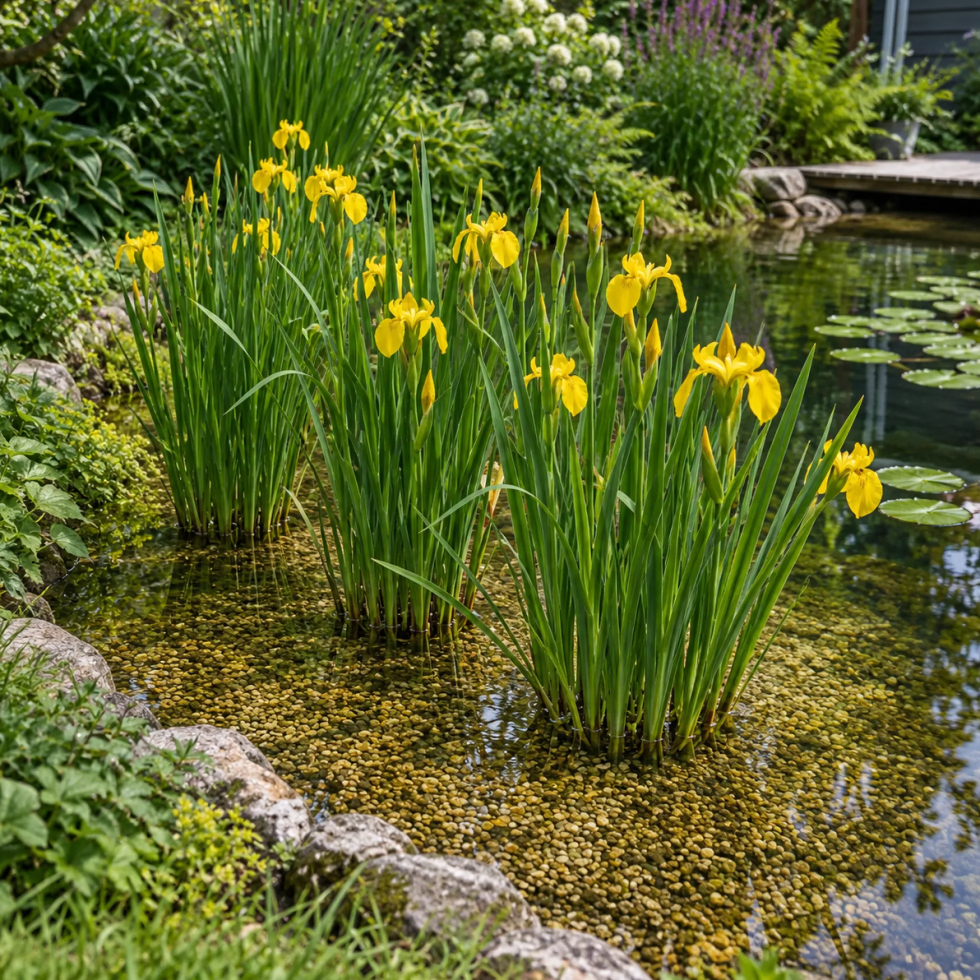 Lirio Amarillo Iris Pseudacorus Estanque - Set 4 Plantas Con Cesta Y Sustrato