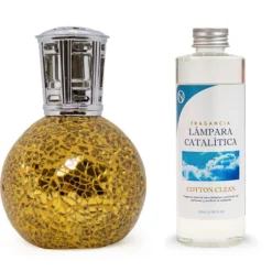 Lámpara Catalítica Mosaico Dorado + Aroma Cotton Clean 200 Ml - Elimina Malos Olores, Impurezas Y Perfuma