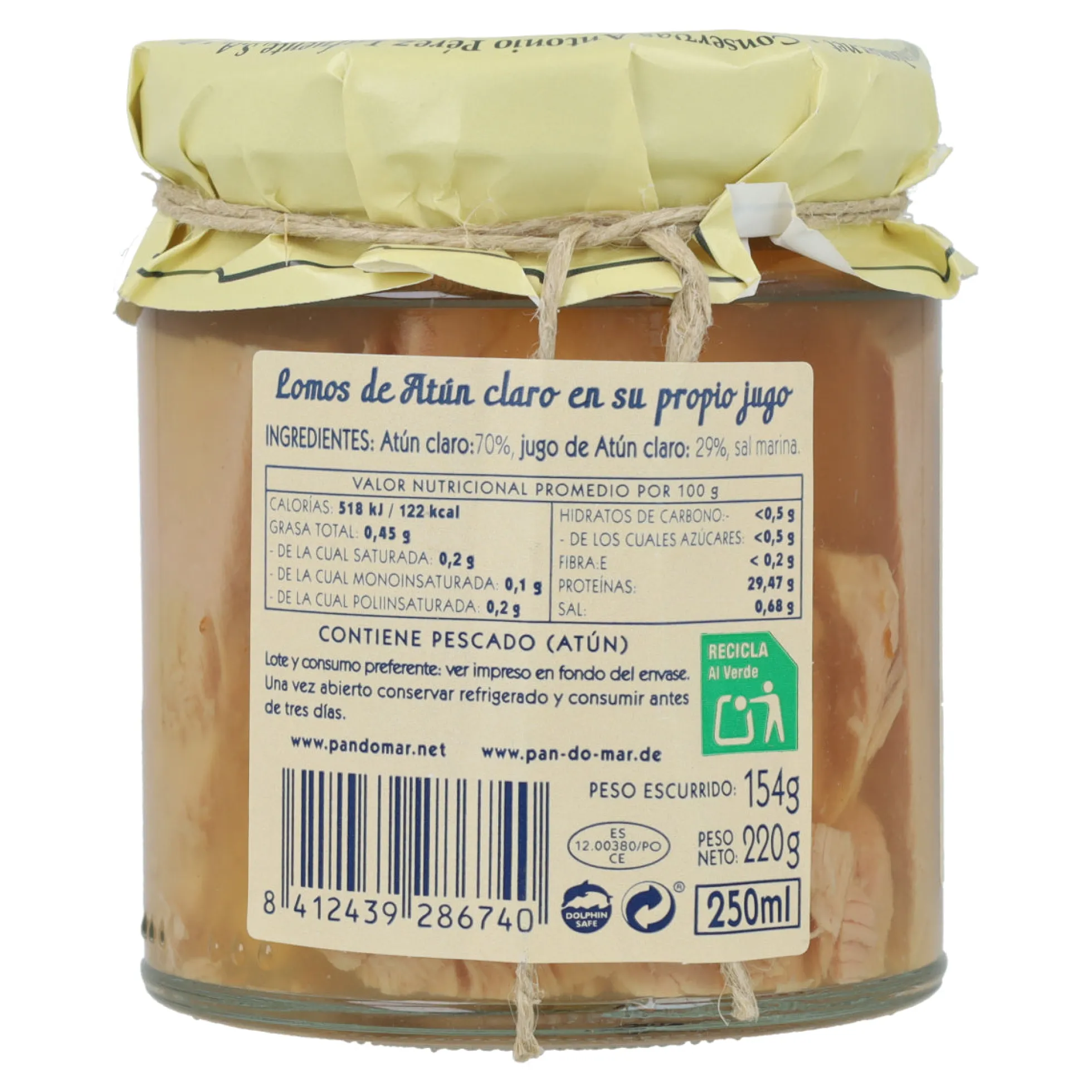 Lomos de Atún Claro en su propio jugo en Vidrio Pan do Mar 220g