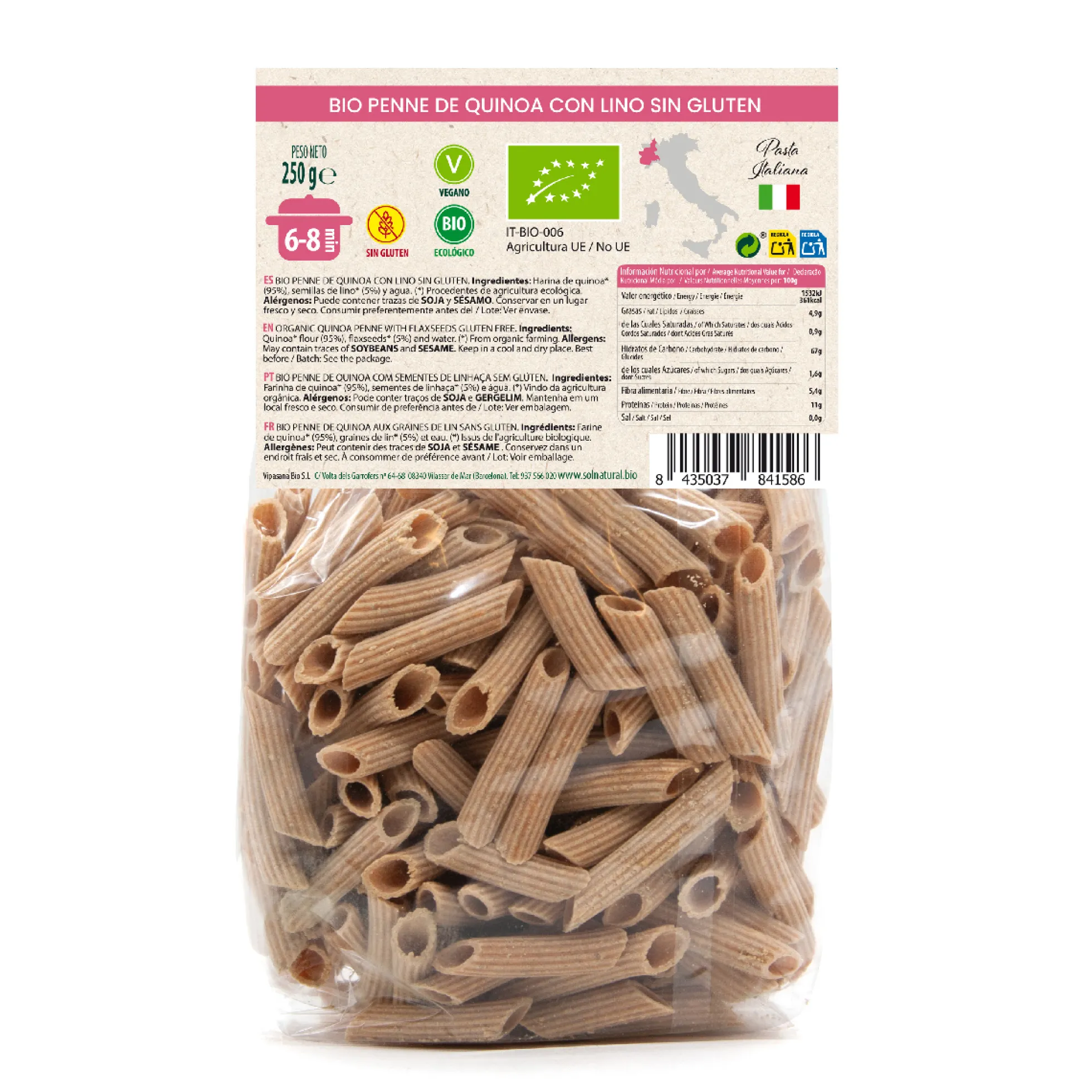 Macarrones de Quinoa con Lino bio Sin Gluten Sol Natural 250 g