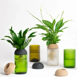 Macetero Transparente Citysens Con Soporte De Ébano – Verde, Vidrio Reutilizado Y Biofilamento De Madera 3d