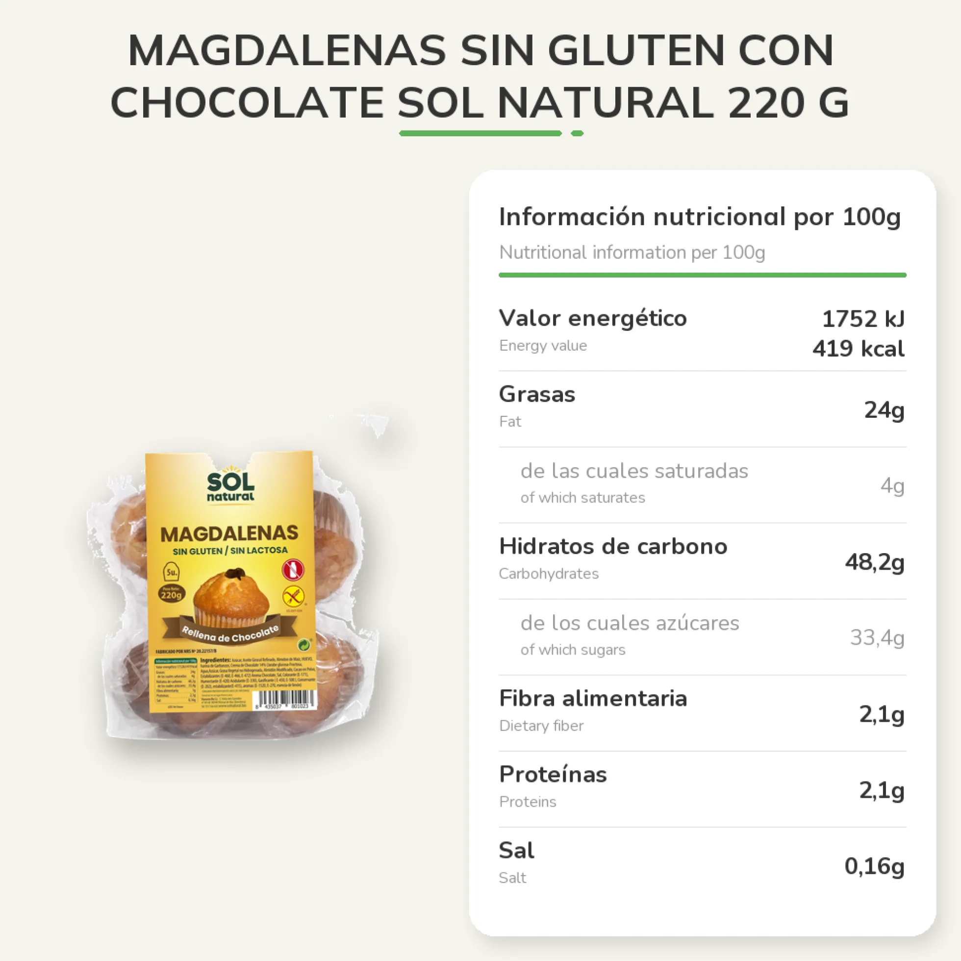 Magdalenas sin gluten con Chocolate Sol Natural 220 g