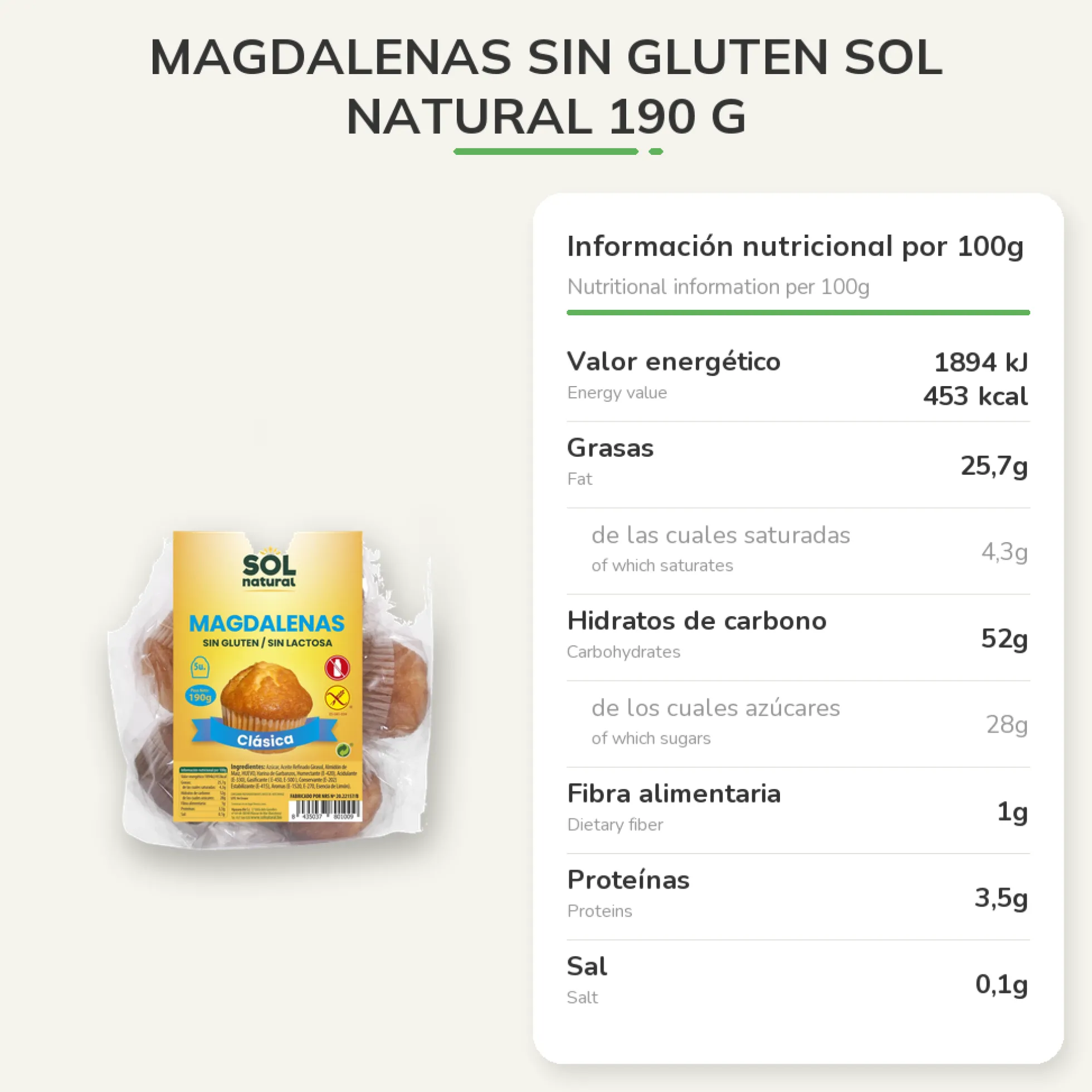 Magdalenas Sin Gluten Sol Natural 190 g