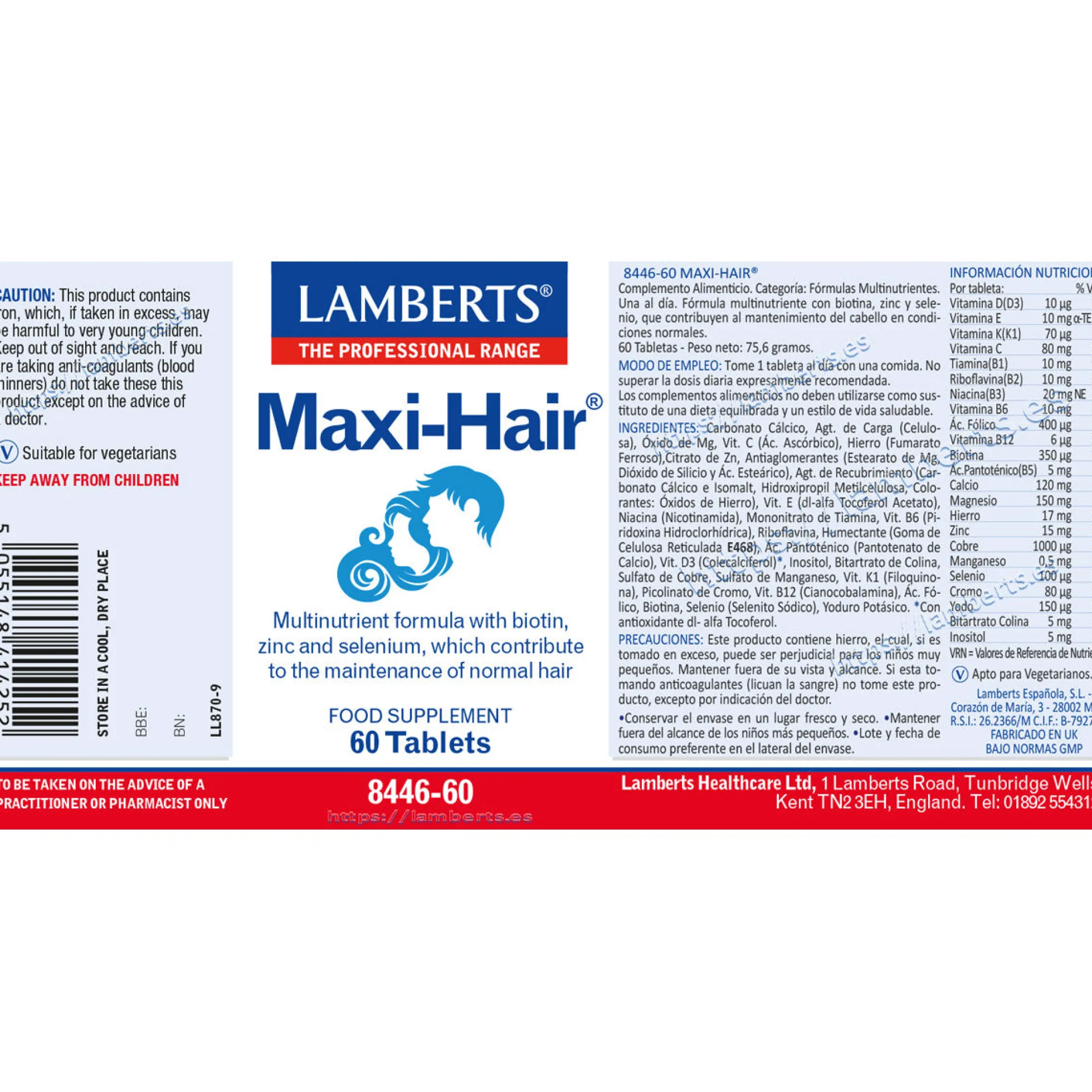 Maxi-Hair, Lamberts, 60 tabletas