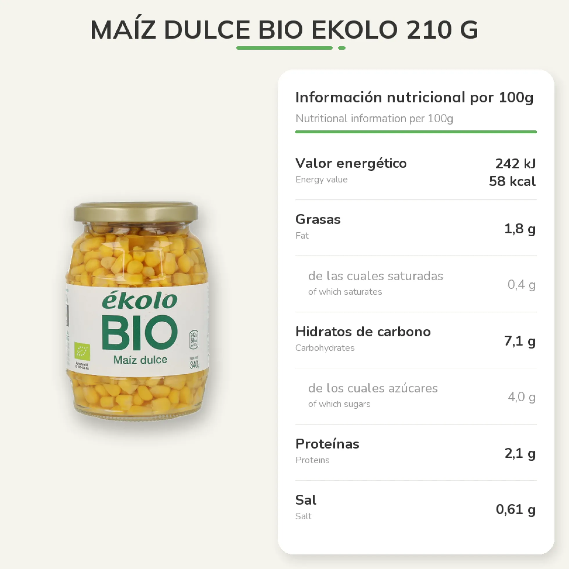 Maíz Dulce Bio Ekolo 210 g