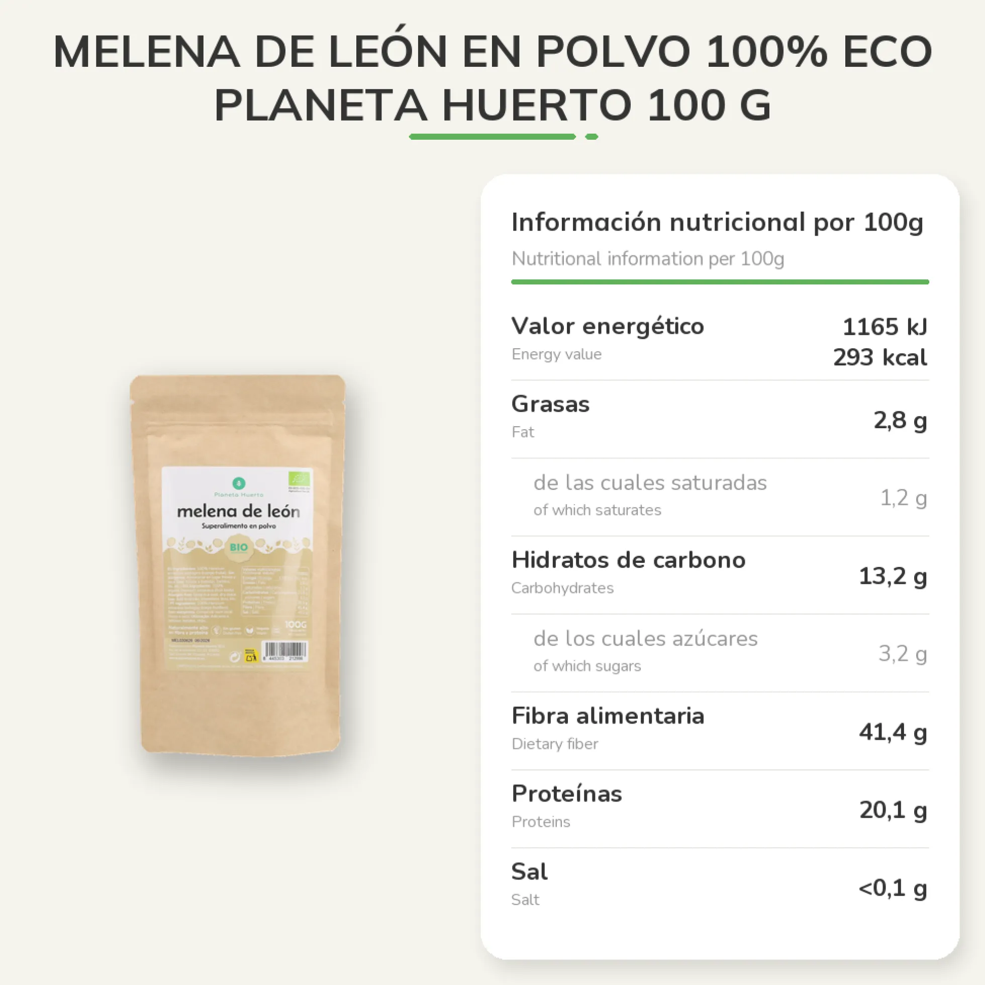Melena de león en polvo 100% ECO Planeta Huerto 100 g
