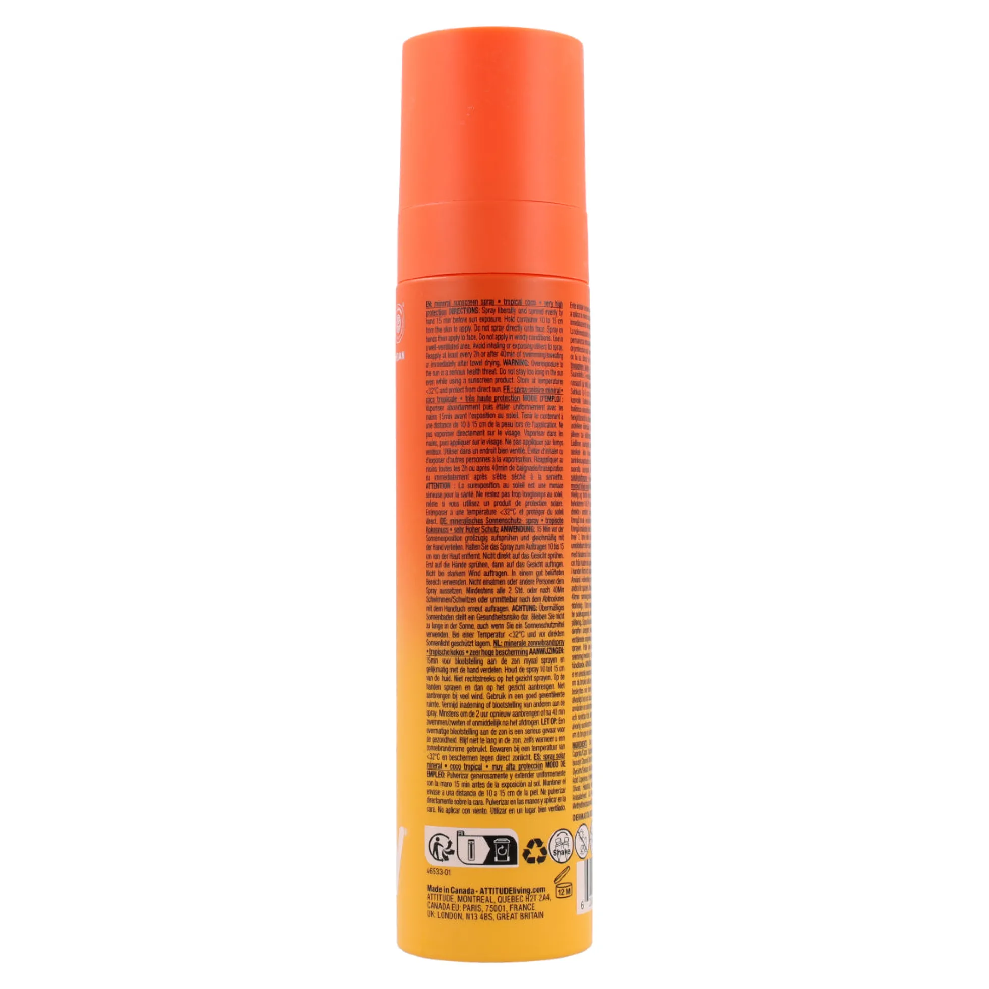 Mineral sunscreen Spray Face & Body SPF 50 Coco tropicale Attitude Sunly 75 ml