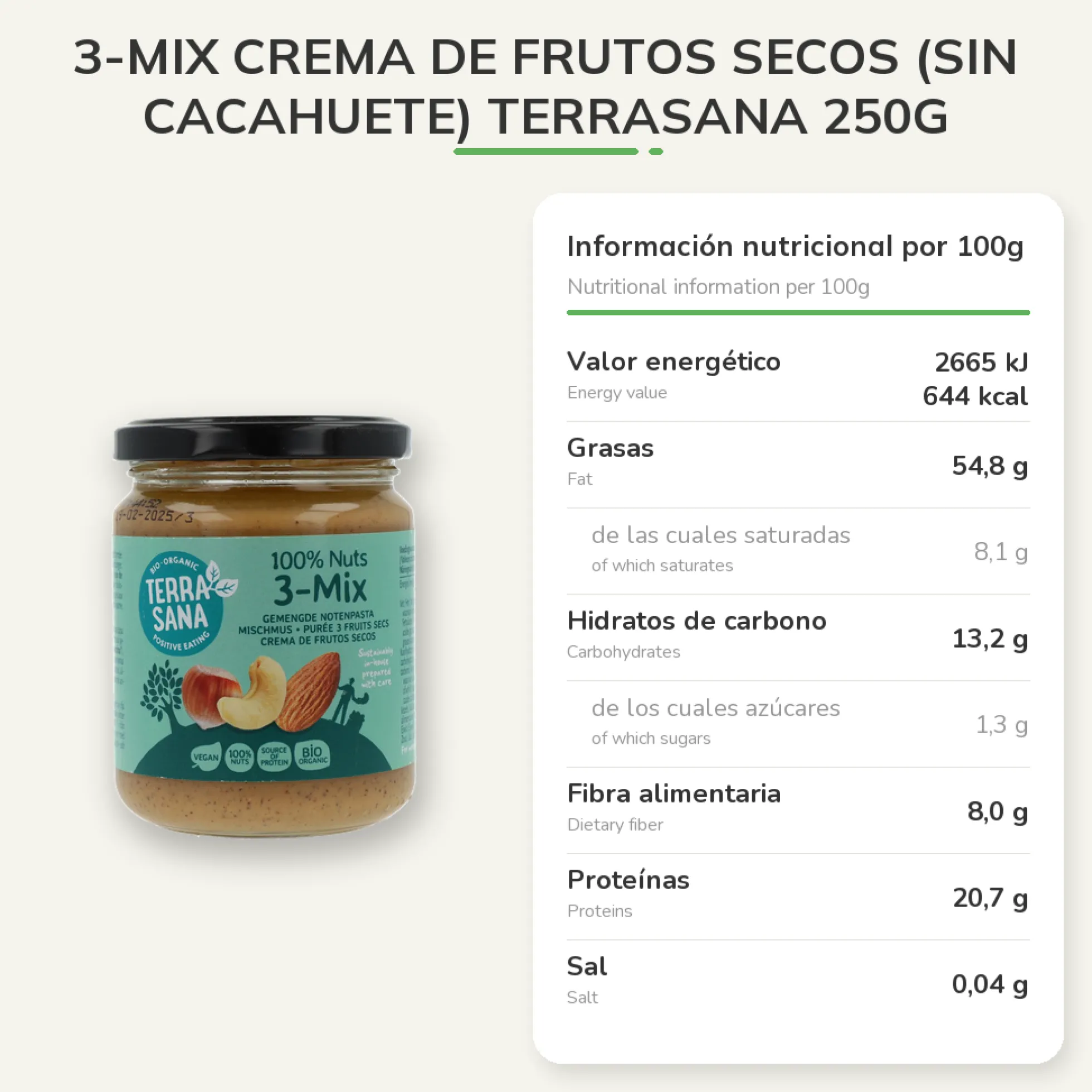 3-Mix Crema de Frutos Secos (sin cacahuete) Terrasana 250g