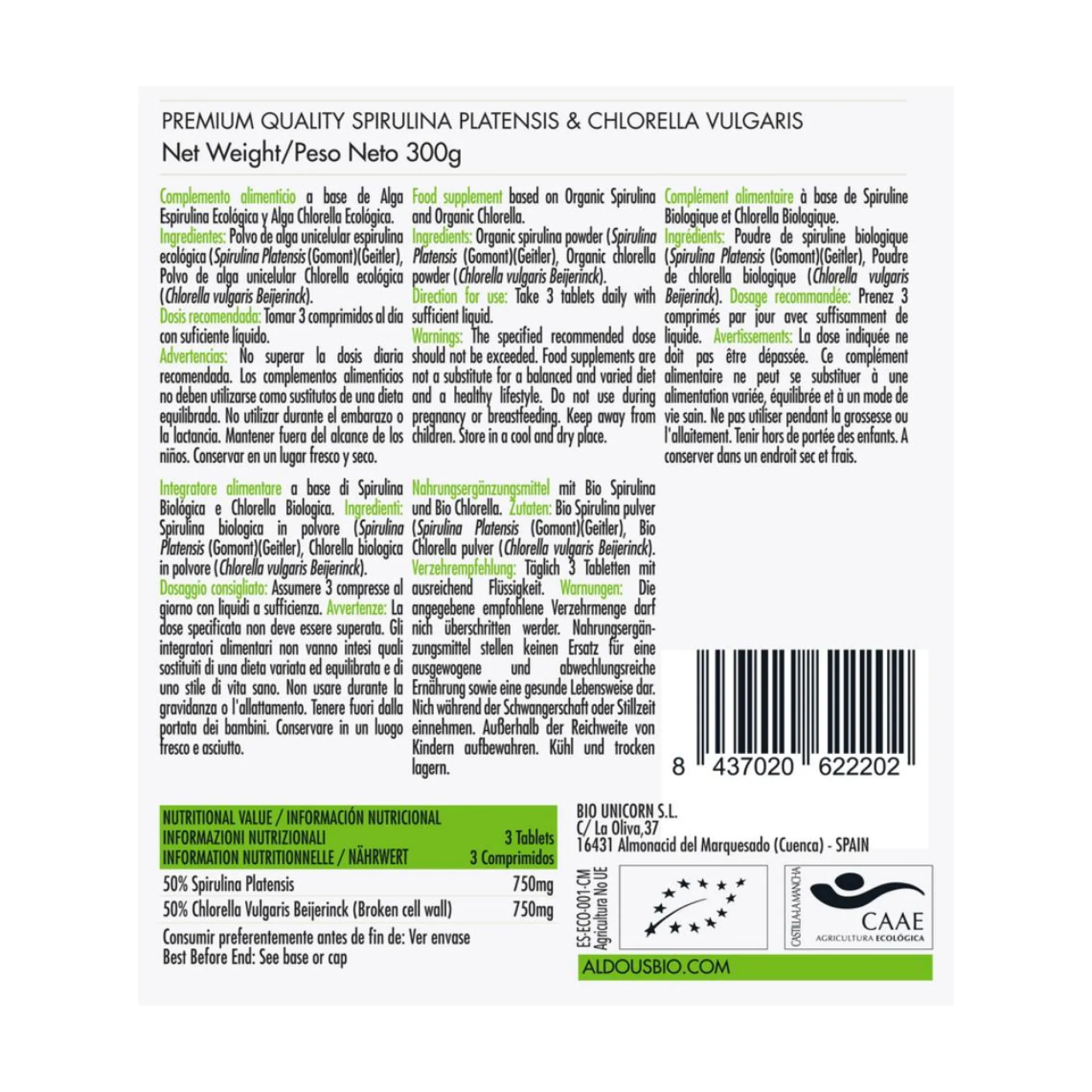 Mix de Espirulina y Chlorella Ecológica, 600 comp. Aldous Bio