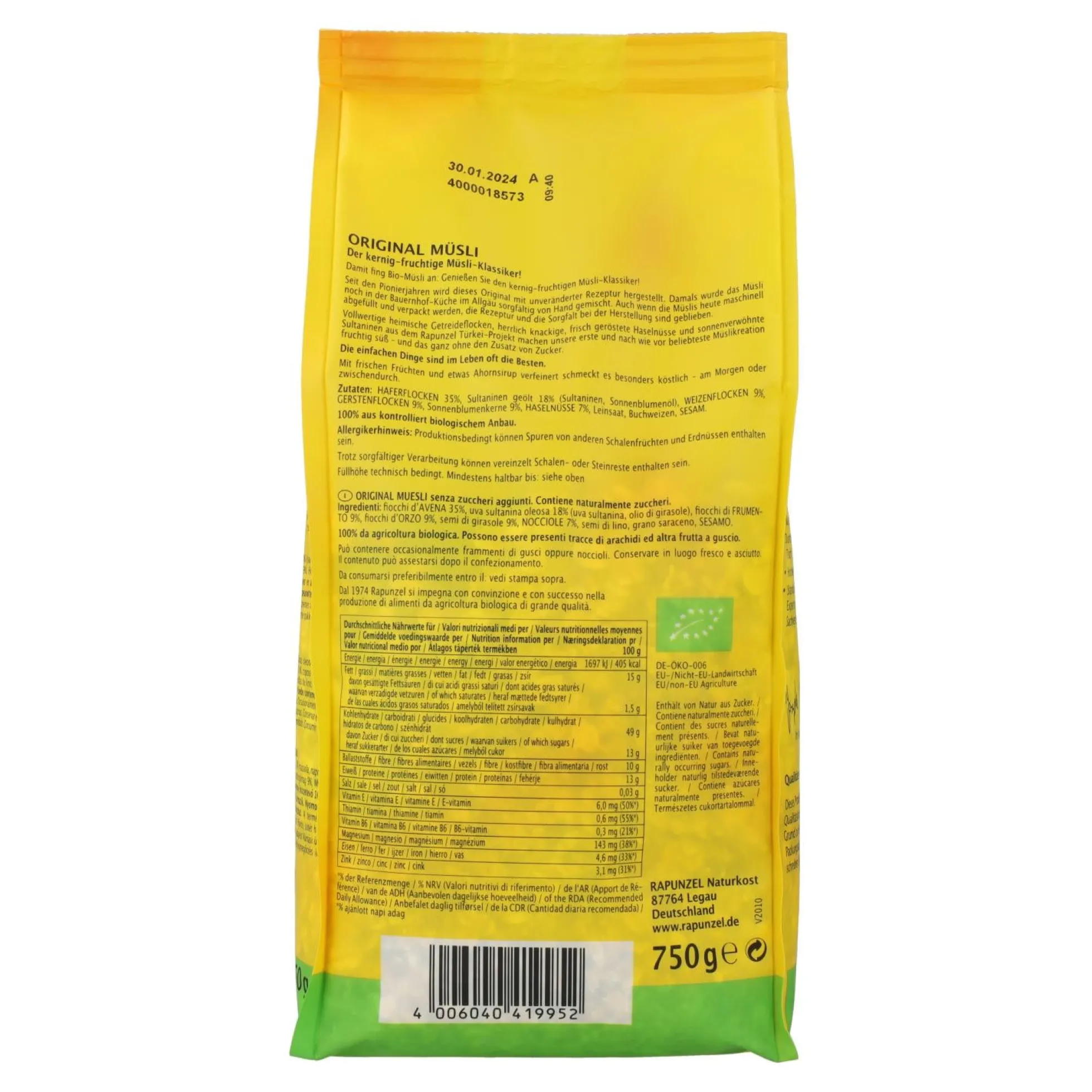 Muesli Original BIO Rapunzel 750 g