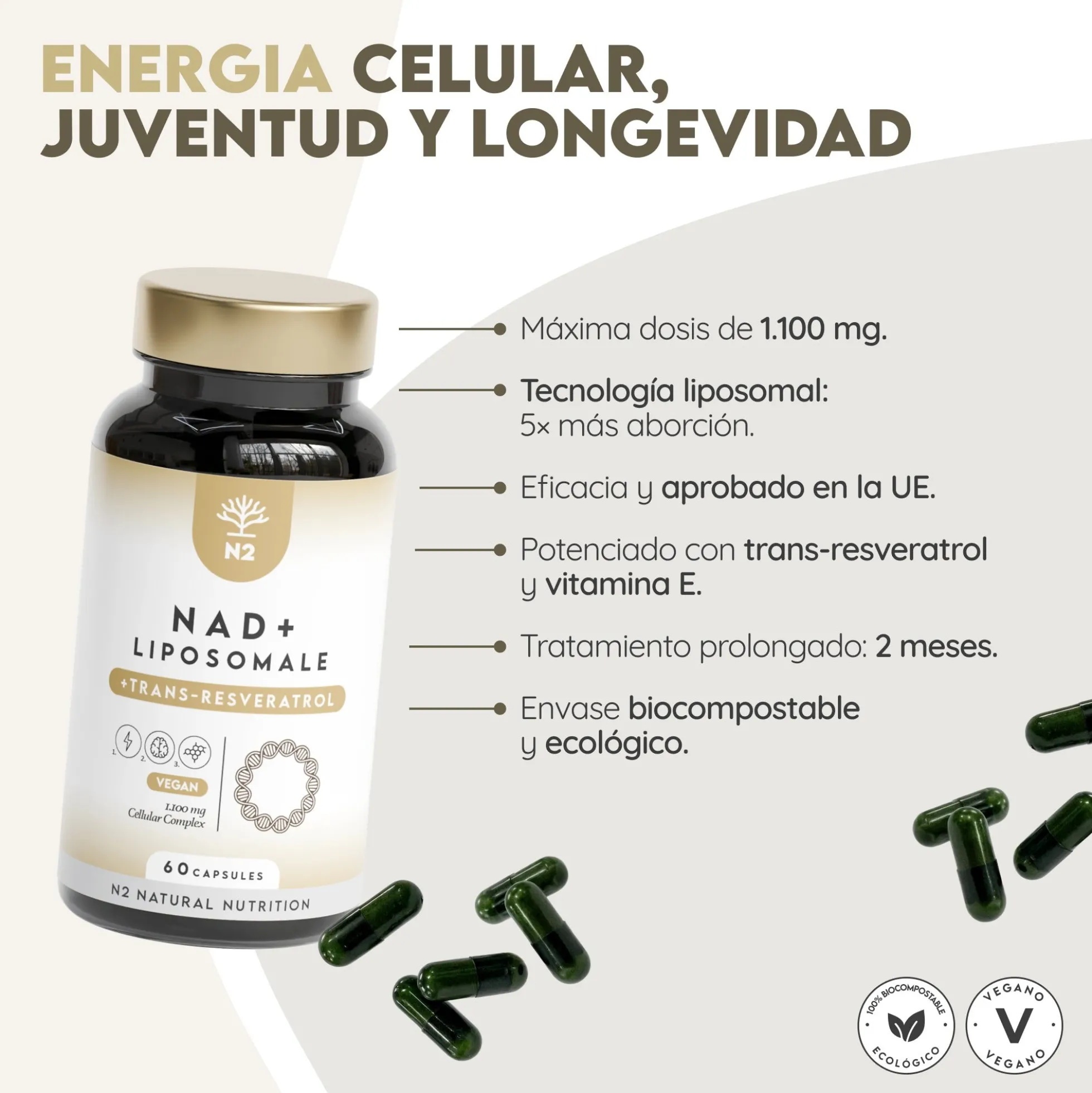 NAD+ Liposomal Antienvejecimiento 30 días Vitalidad N2 Natural Nutrition 60 cápsulas