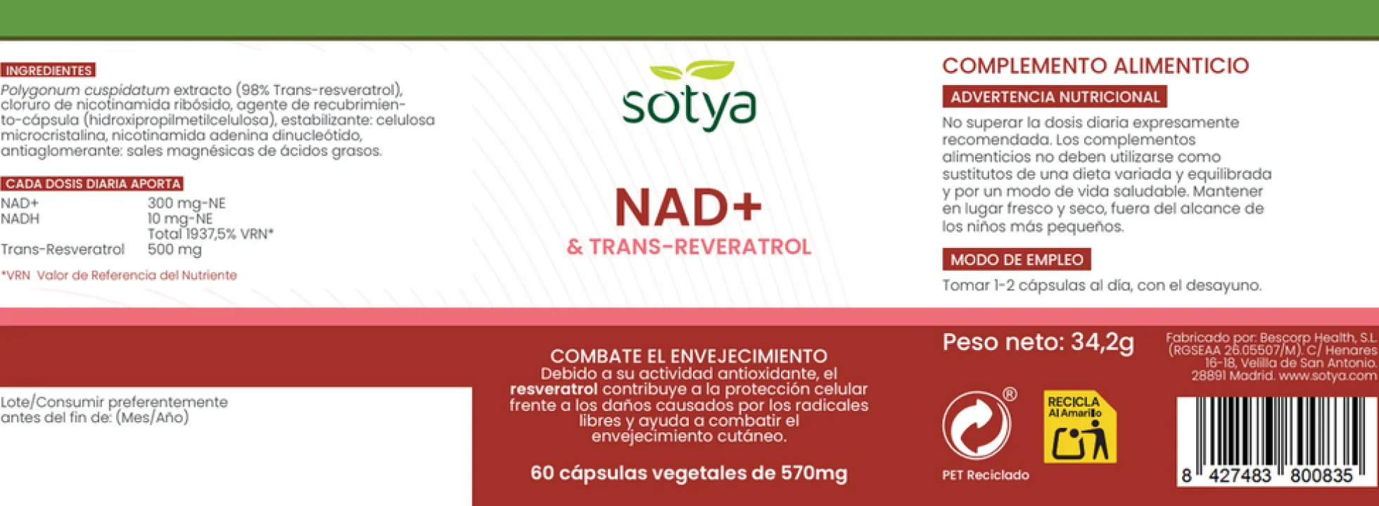 NAD Trans Resveratrol Sotya 60 cápsulas