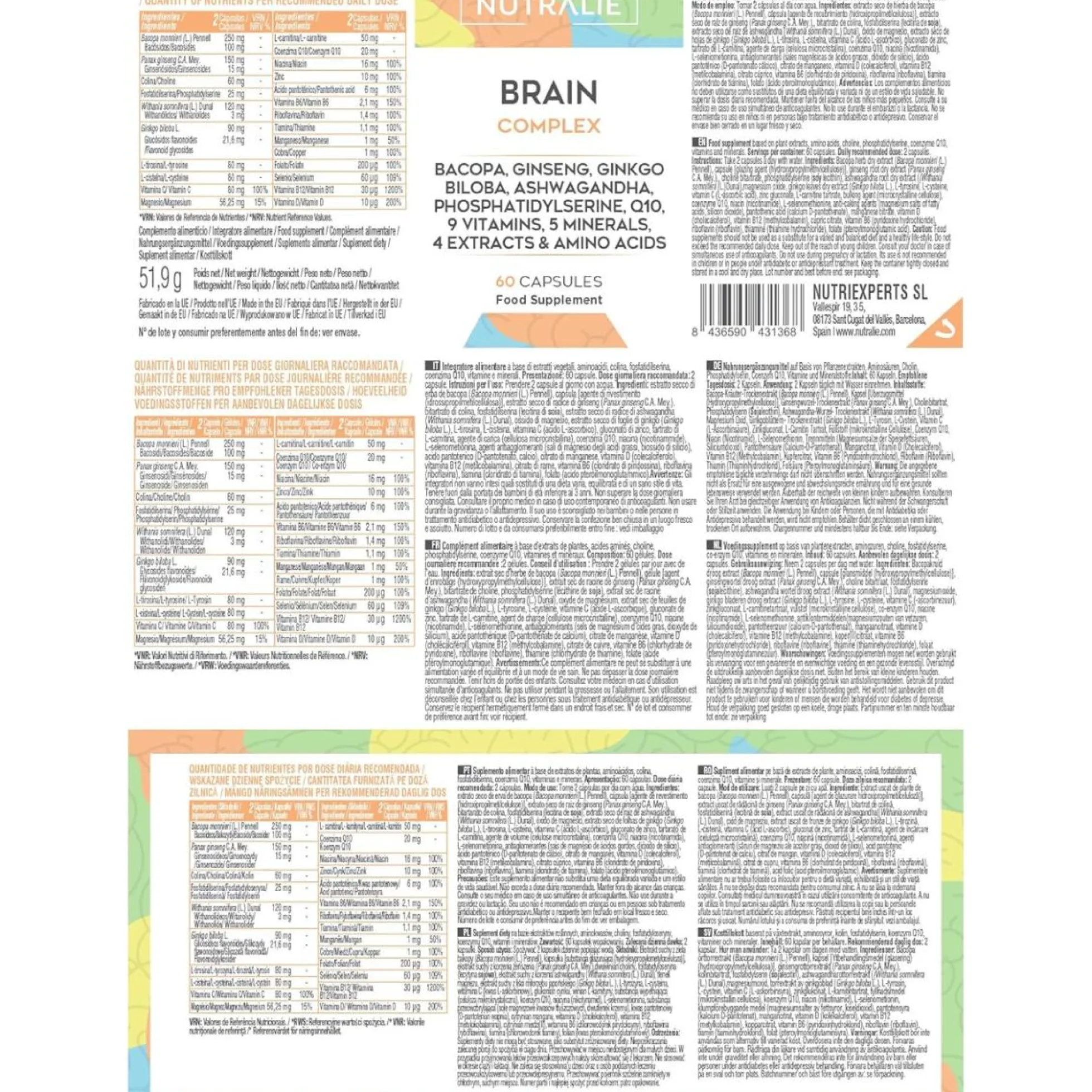 Nutralie Brain Complex Nootrópico con Agilidad Mental 60 Cápsulas