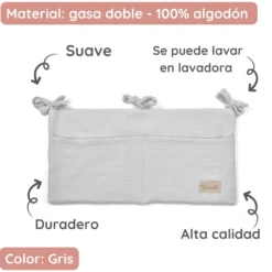 Organizador De Cuna Con Compartimentos Muselina Gris