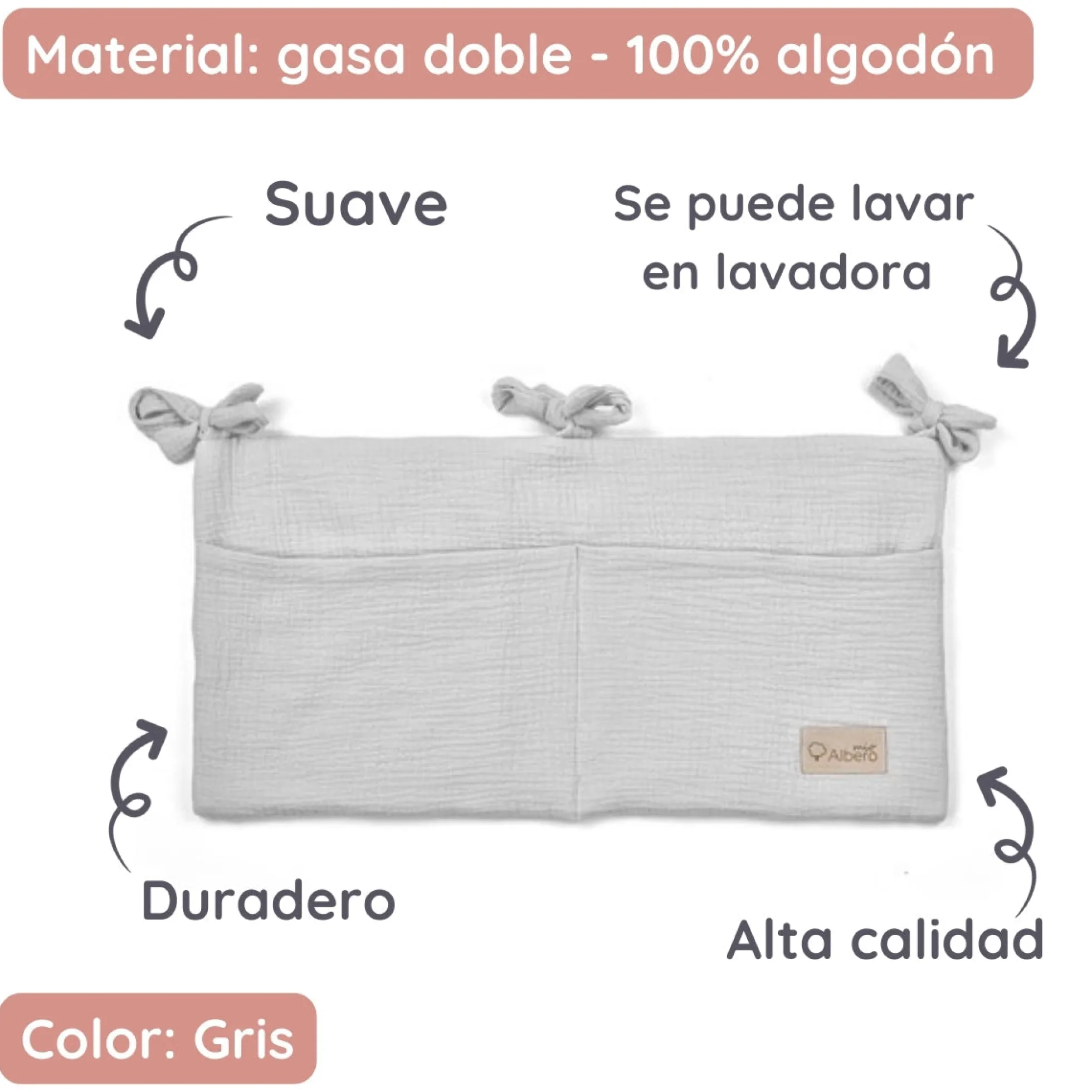 Organizador De Cuna Con Compartimentos Muselina Gris