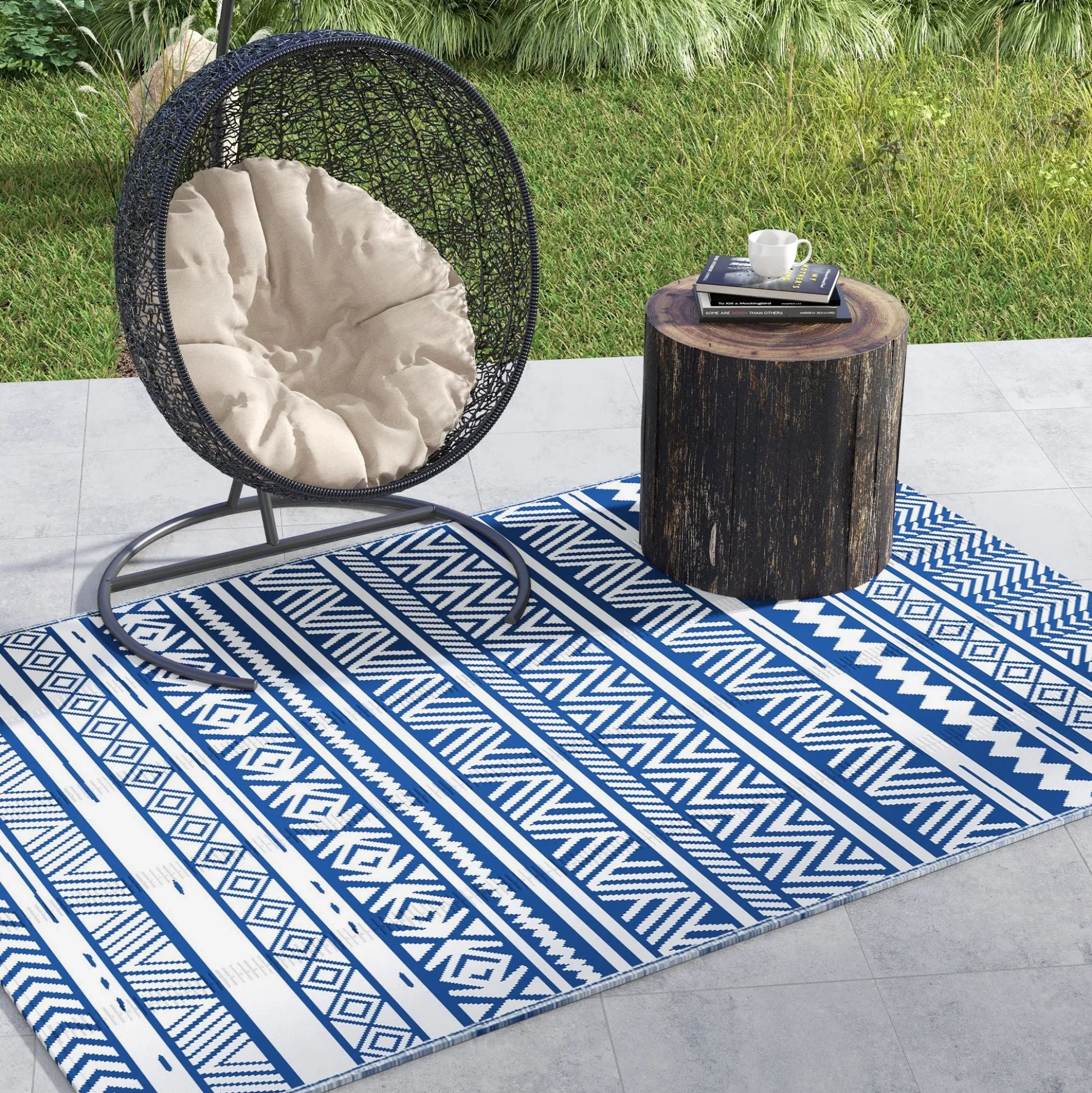 Outsunny Alfombra De Exterior 182x274 Cm Estilo Moderno Azul Oscuro Y Blanco