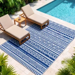 Outsunny Alfombra De Exterior 182x274 Cm Estilo Moderno Azul Oscuro Y Blanco
