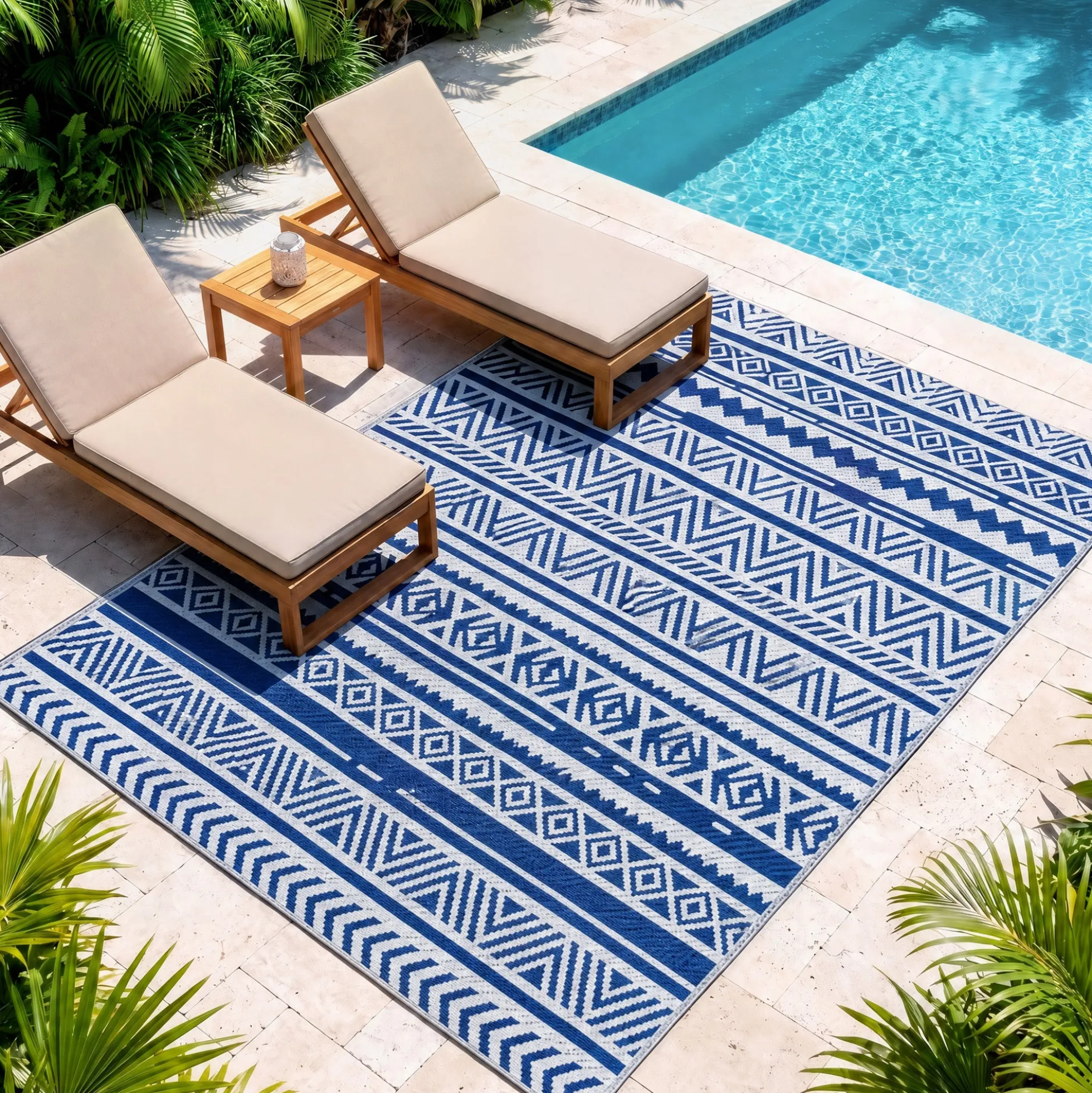 Outsunny Alfombra De Exterior 182x274 Cm Estilo Moderno Azul Oscuro Y Blanco