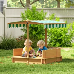 Outsunny Arenero Para Niños De Madera Con Toldo Ajustable 106x106x115 Cm Natural