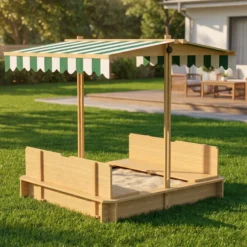 Outsunny Arenero Para Niños De Madera Con Toldo Ajustable 106x106x115 Cm Natural
