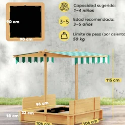 Outsunny Arenero Para Niños De Madera Con Toldo Ajustable 106x106x115 Cm Natural