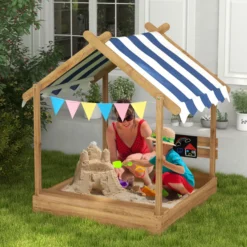 Outsunny Arenero Para Niños De Madera Con Toldo 124x116x146 Cm Marrón