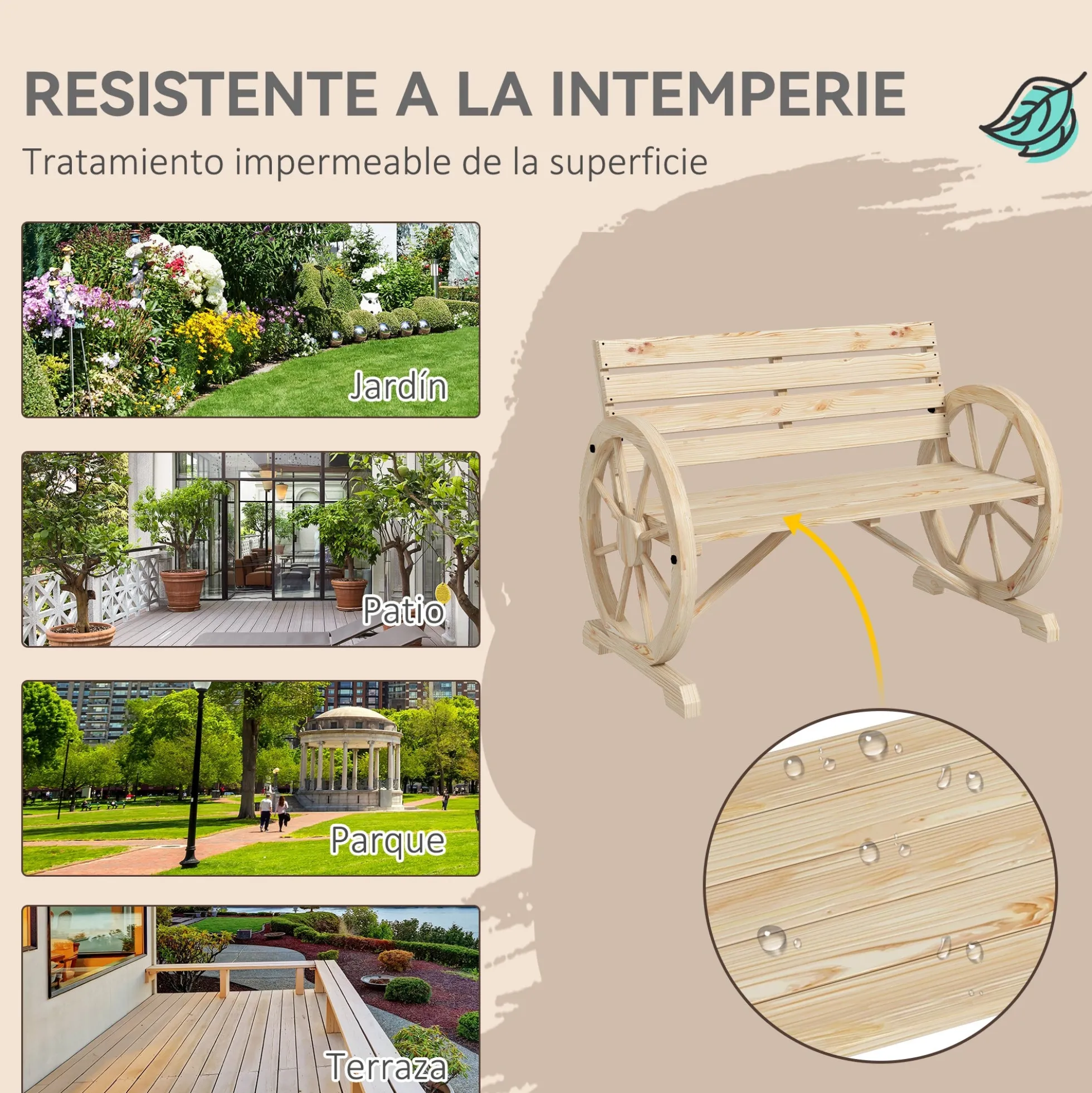 Outsunny Banco De Jardín De Madera Reposabrazos En Forma De Rueda Carga 240 Kg