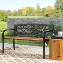 Outsunny Banco De Jardín Exterior De 2 Plazas 127x56x80 Cm Negro Y Natural