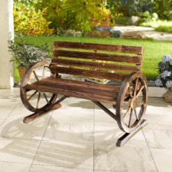 Outsunny Banco De Madera Con Apoyabrazos En Forma Rueda De Carro 105,5x59x75 Cm