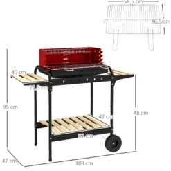 Outsunny Barbacoa De Carbón Con Ruedas Parrilla Ajustable En Altura Rojo