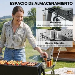 Outsunny Barbacoa De Carbón Con 2 Parrillas De Acero Inoxidable 94x39x70cm Negro